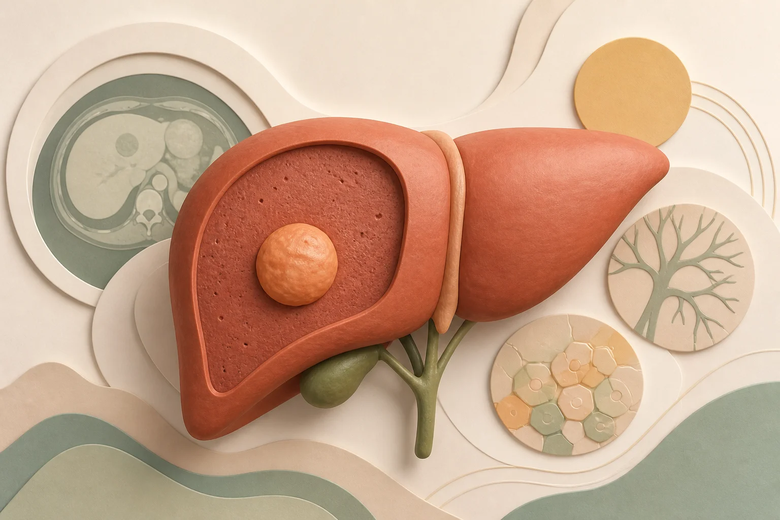 Ilustración conceptual de un hígado con un adenoma bien delimitado y elementos de imágenes médicas
