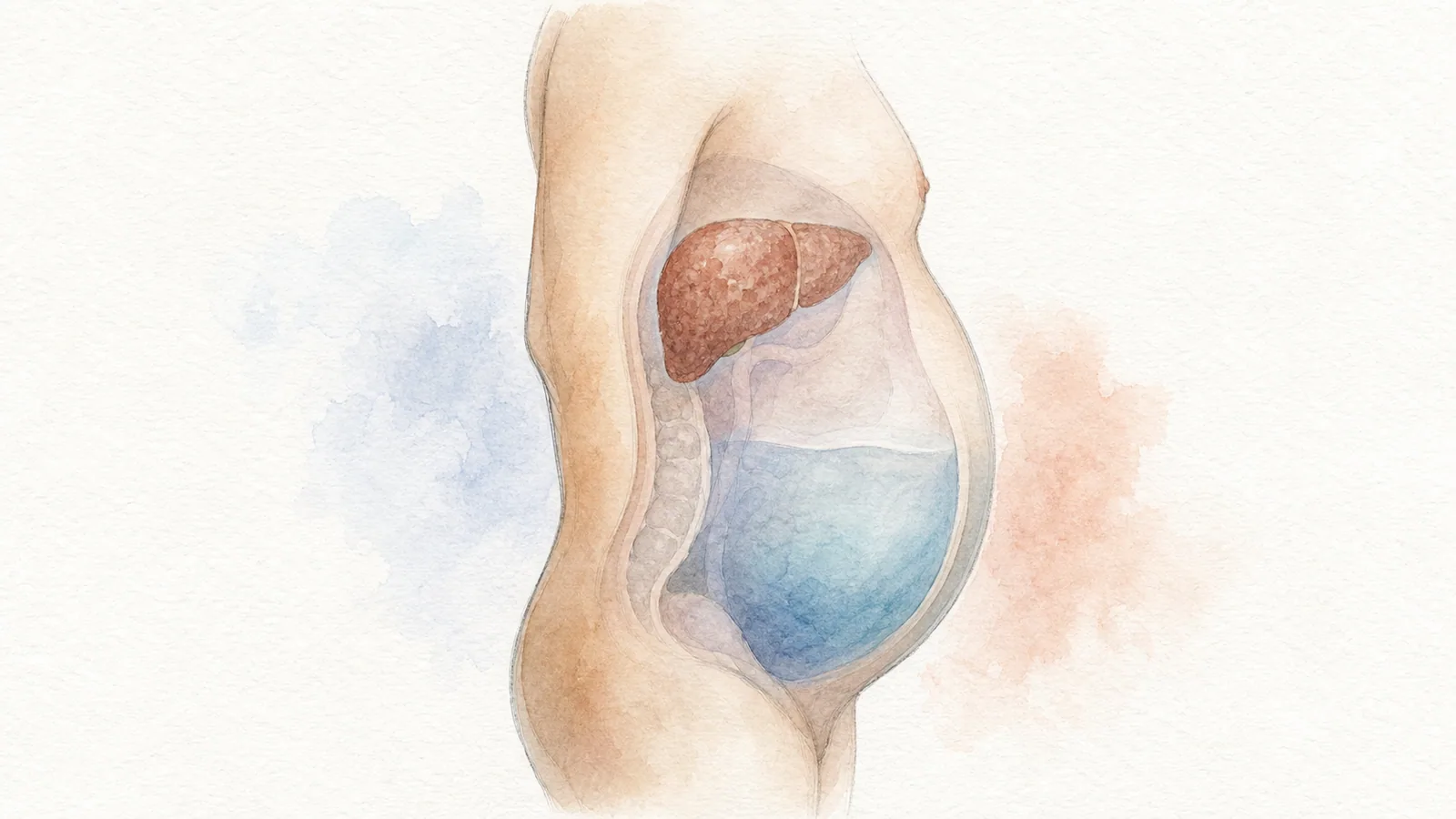 Ilustración médica sobre Ascitis: líquido en el abdomen por cirrosis