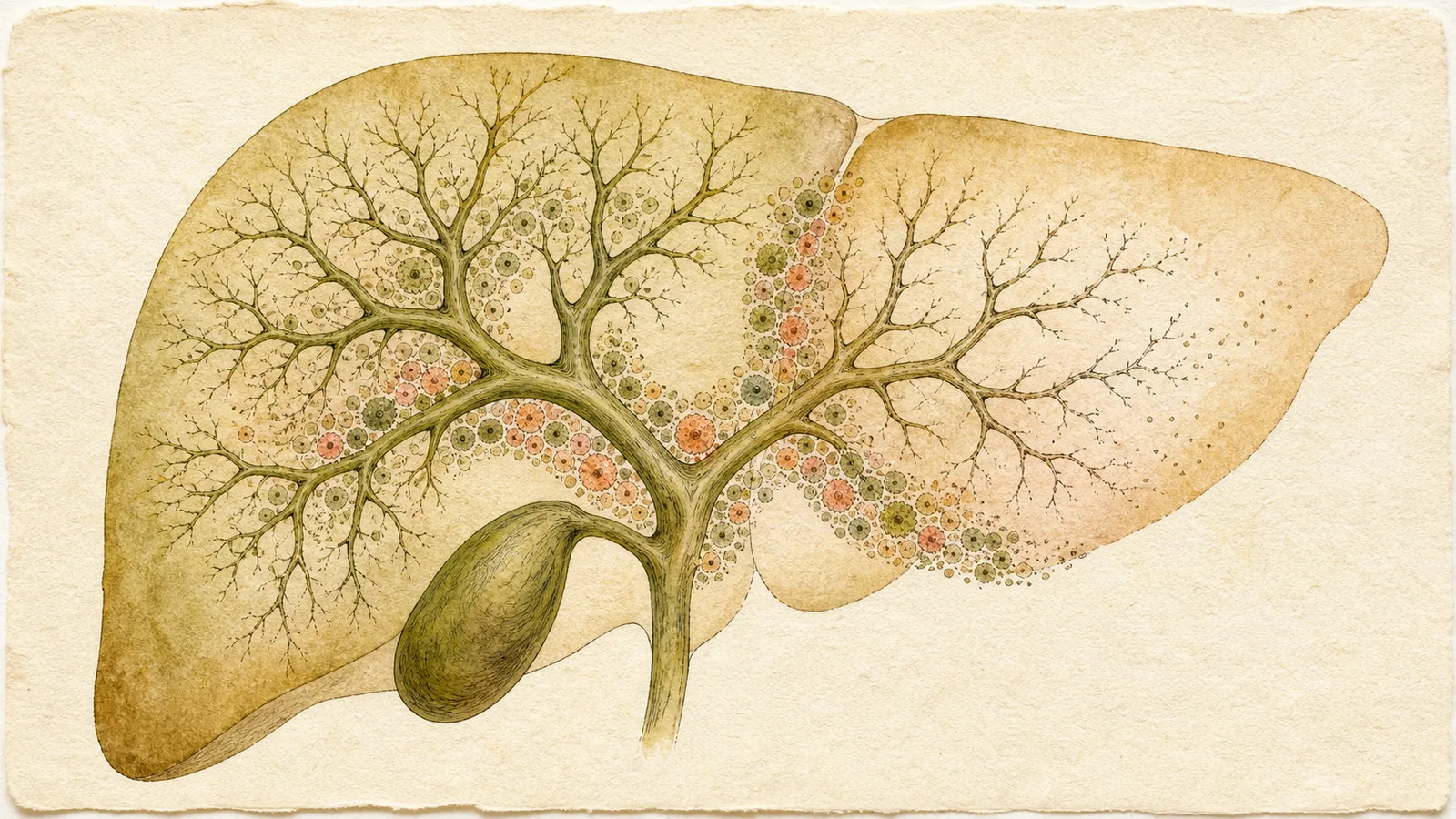 Ilustración médica sobre Colangitis biliar primaria (antes cirrosis biliar primaria)