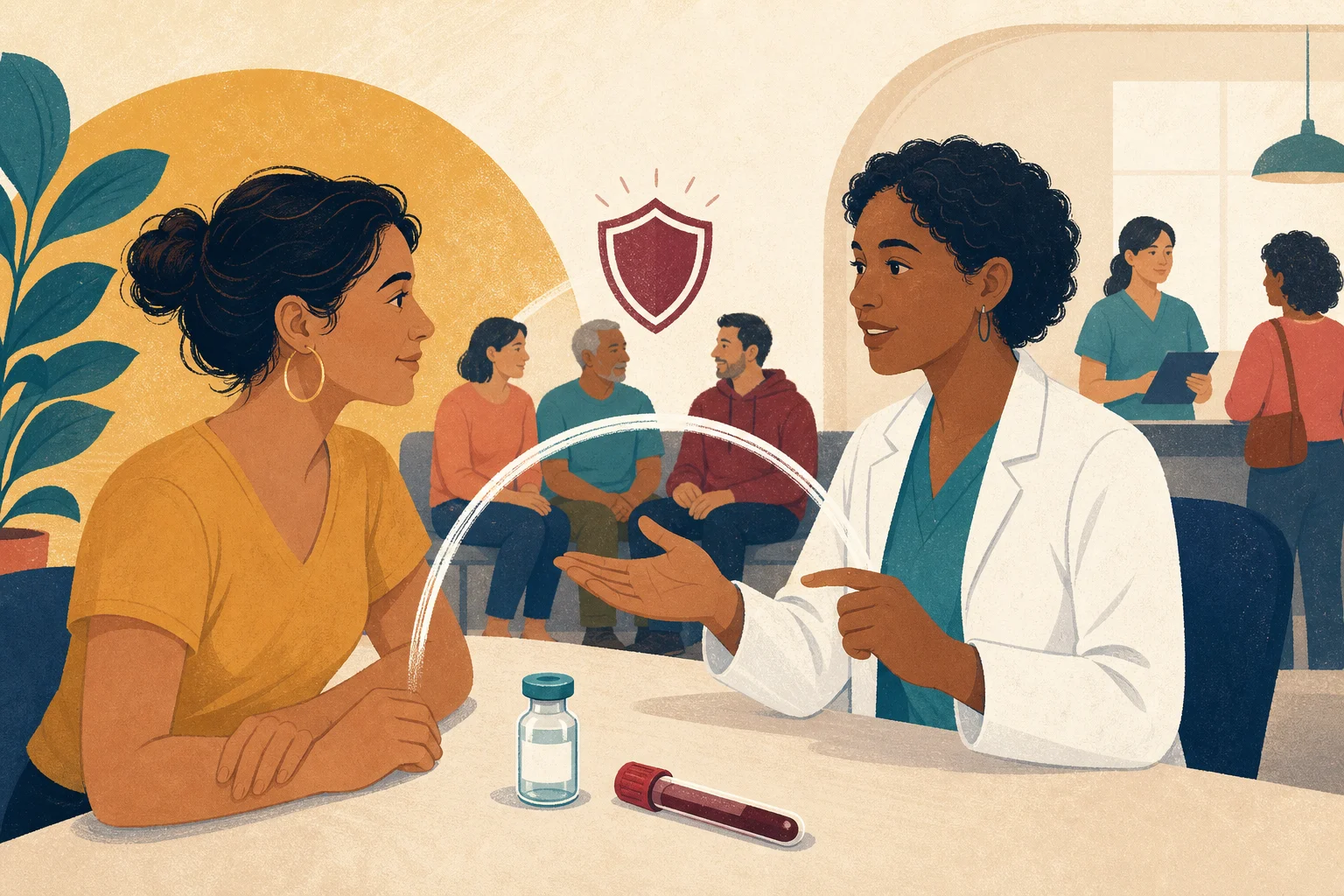 Profesional de salud conversa con una paciente sobre vacunación y examen de sangre para hepatitis