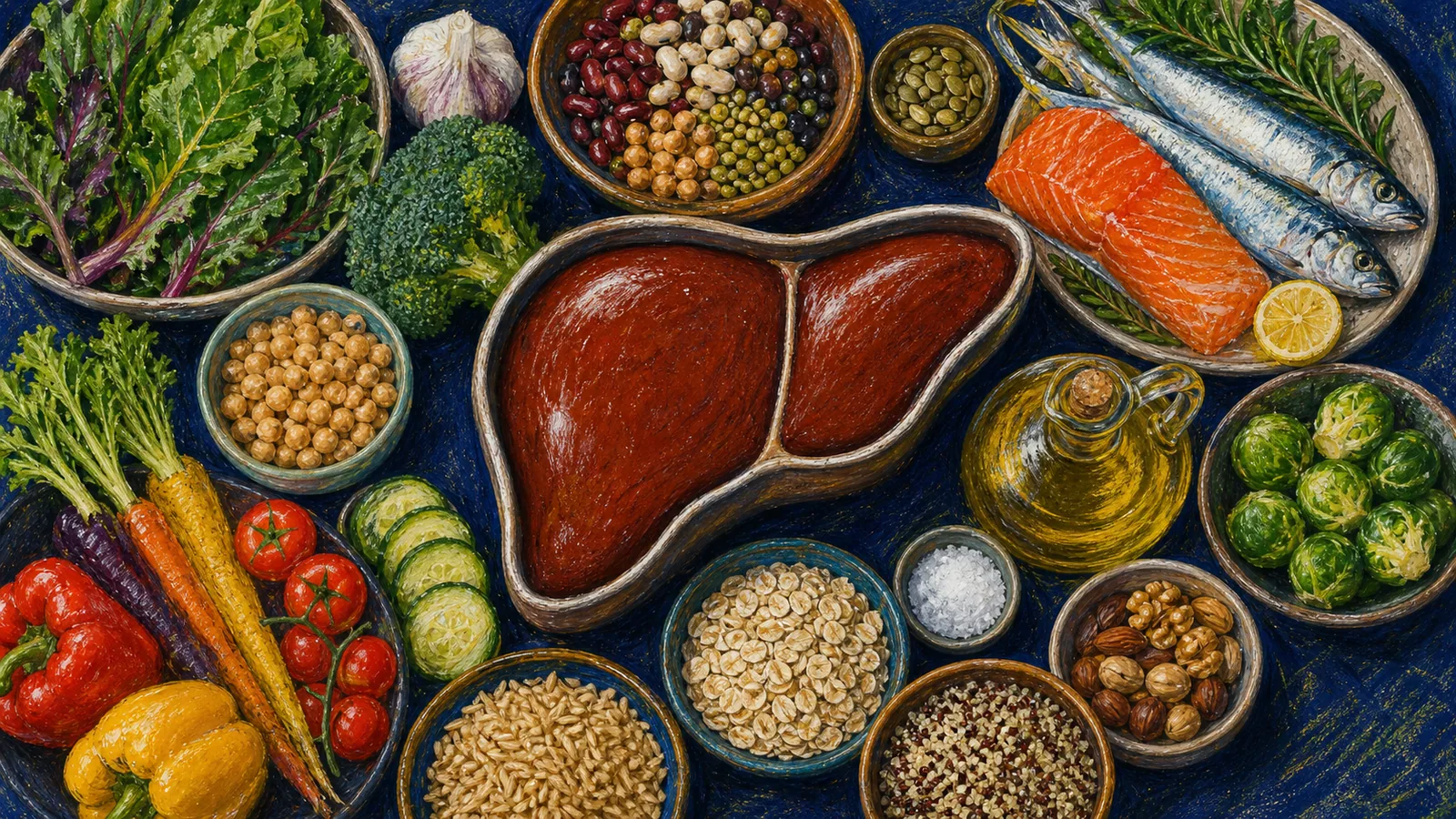 Ilustración médica sobre Nutrición e hígado: qué comer según su enfermedad hepática