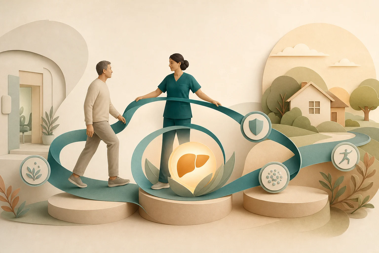Ilustración conceptual de una enfermera que guía a un paciente desde el hospital hacia su recuperación en casa